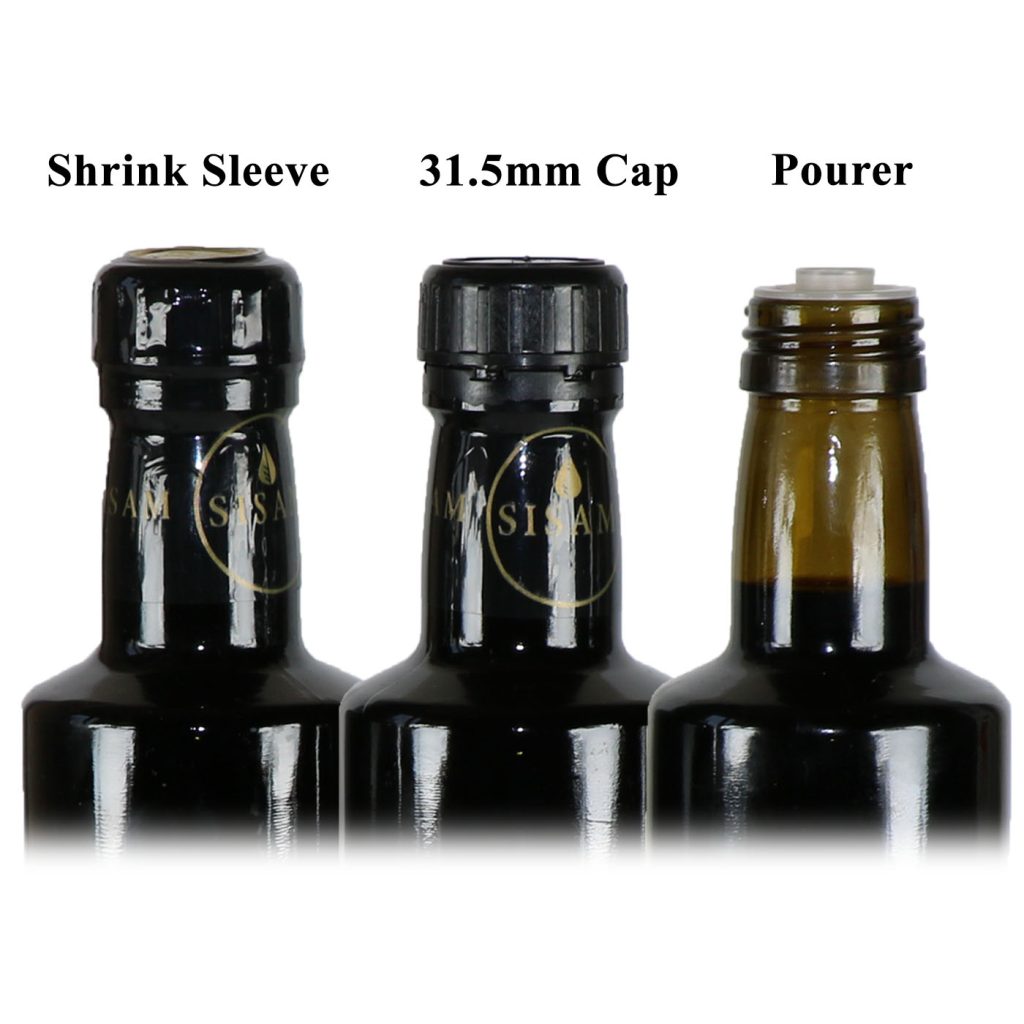 31.5mm plastic cap with pourer and shrink sleeves درب و روانریز 31.5 شیشه و غلاف شیرینگ حرارتی